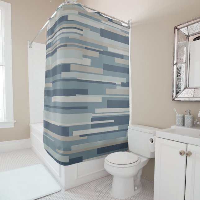 Wright Mid Century Modern Geometric Abstract Blue  Shower Curtain (In Situ)