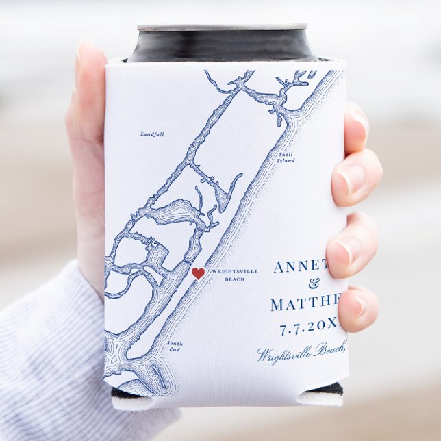Wrightsville Beach Elegant Wedding Favour Can Cooler (Wrightsville Beach Wedding Favor Can Coozie with navy blue North Carolina Map by Coastal Map Designs)