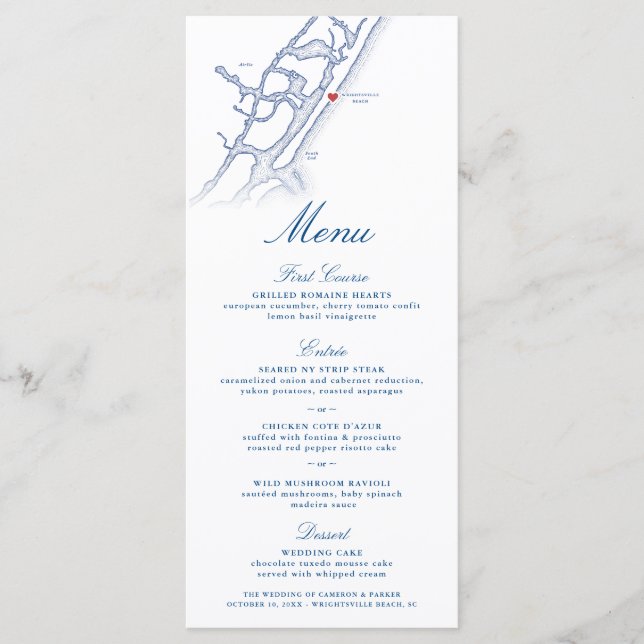 Wrightsville Beach Map Elegant Navy Blue Wedding Menu (Front)