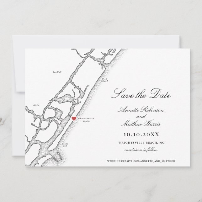 Wrightsville Beach NC Map Black and White Wedding Save The Date (Front)