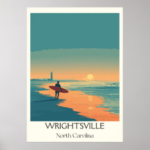 Wrightsville Beach NC Vintage Surfer Beach Sunset Poster