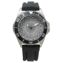 wrist watch with monochrome mandala art