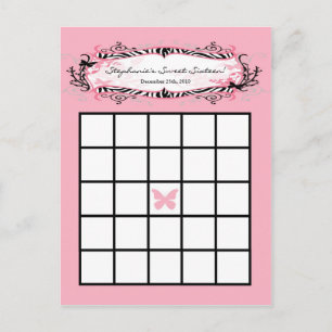 Writable Bingo Card Girly Butterfly Zebra Print