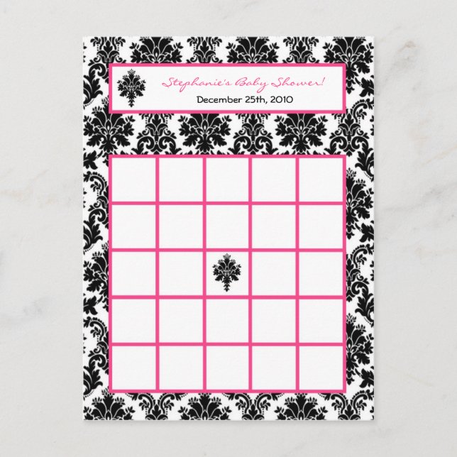 Writable Bingo Card Hot Pink Black Damask (Front)