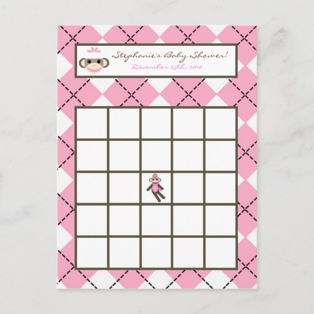 Writable Bingo Card Pink Argyle Sock Monkey (Front)