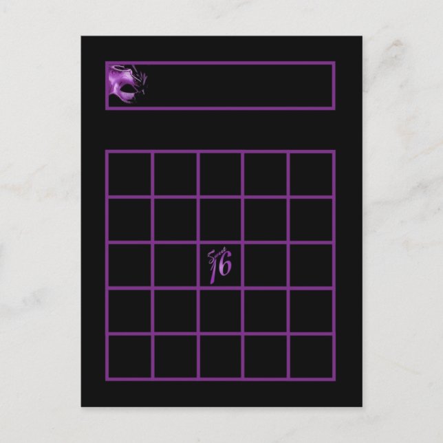 Writable Bingo Card Sweet 16 Purple Lilac Black (Front)