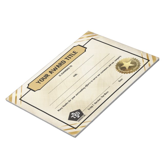 Write-on custom title employee recognition award notepad (Angled)