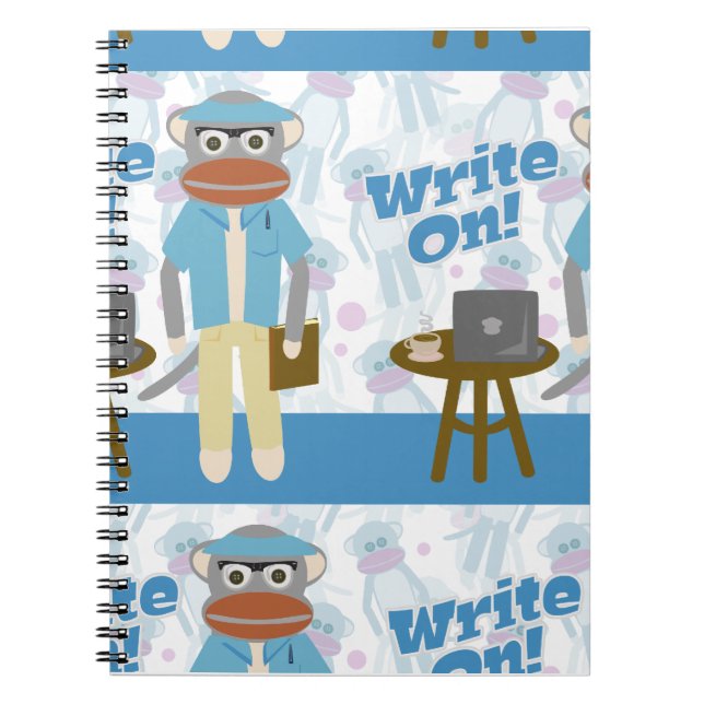 Write On! Writer Sock Monkey Fun Toon Pattern Art  Spiral Notebook (Front)