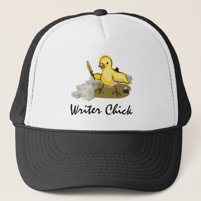 Writer Chick with Paper, Feather Quill and Ink Trucker Hat (Front)