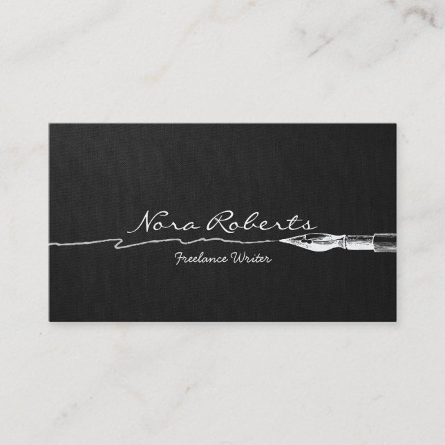 Writers Authors Black and White Dip Pen Dark Linen Business Card (Front)