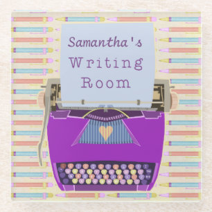 Writing Room Author Custom Name Purple Typewriter Glass Coaster