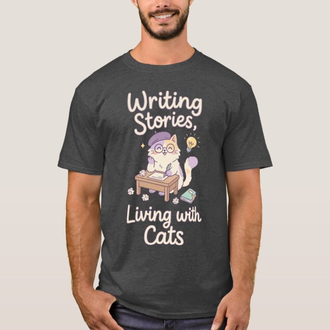Writing Stories Living with Cats Cute Writer Cat r T-Shirt (Front)