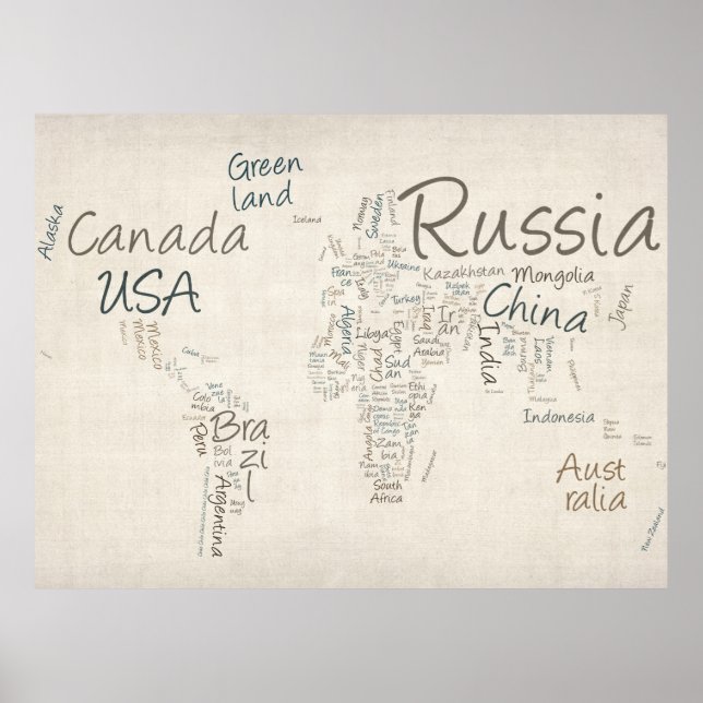 Writing Text Map of the World Map Poster (Front)