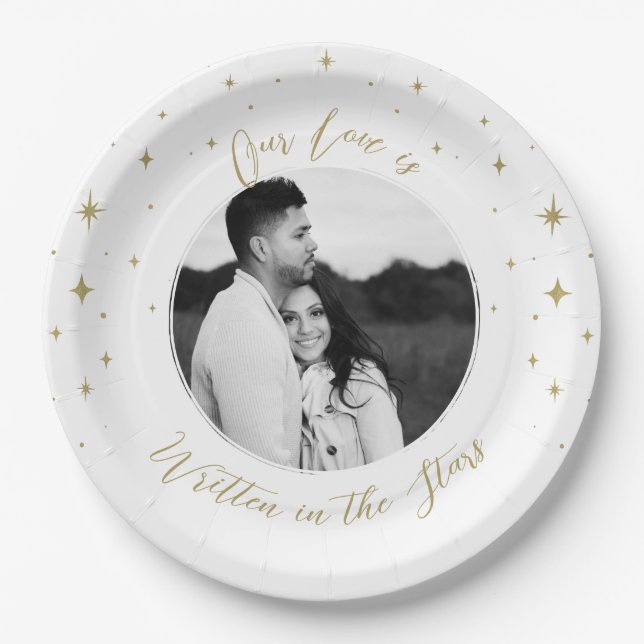 Written in the Stars Gold & White Celestial Photo Paper Plate (Front)