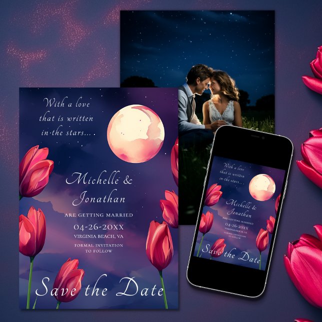 Written in the Stars Moon and Tulips Photo Wedding Save The Date (Written in the Stars Moon and Tulips Photo Wedding Save The Date)