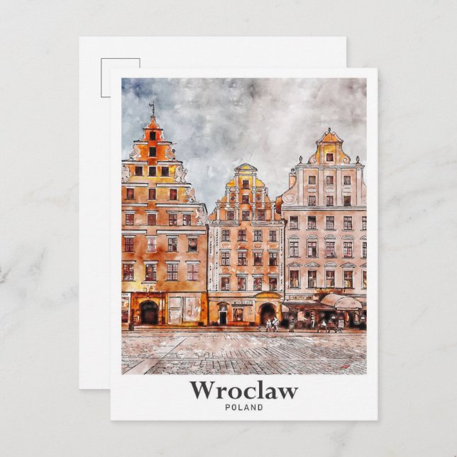 Wroclaw Poland Art Travel Watercolor Hand Drawn Postcard (Front/Back)