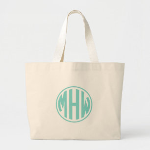 Wt Turq Aqua 3 Initial in a Circle Monogram DIY BG Large Tote Bag