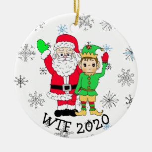WTF 2020 Santa and  Elf in Facemask Ceramic Tree Decoration