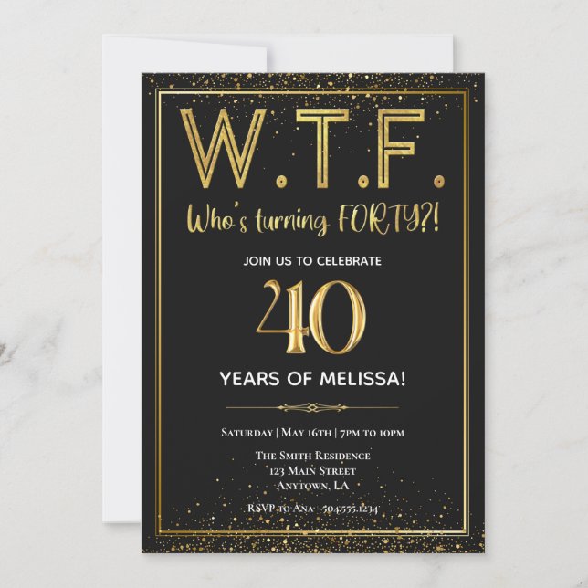 WTF Invitation, 40th Birthday Invitation, Fortieth Invitation (Front)