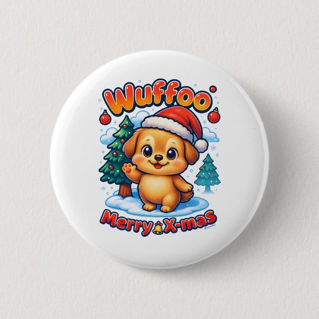 Wuffoo Roony Merry X-mas Kawaii 3D Holiday 6 Cm Round Badge (Front)