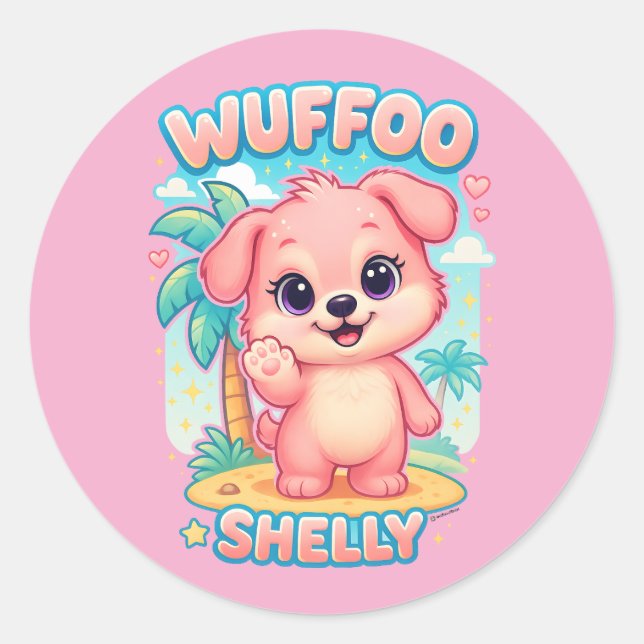Wuffoo Shelly Kawaii Puppy Tropical Island Classic Round Sticker (Front)