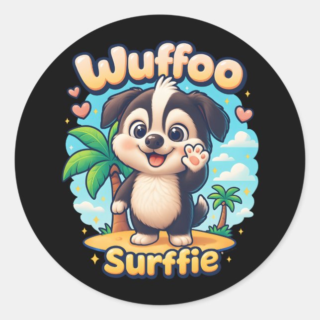 Wuffoo Surffie Cute Kawaii Puppy Tropical Island Classic Round Sticker (Front)