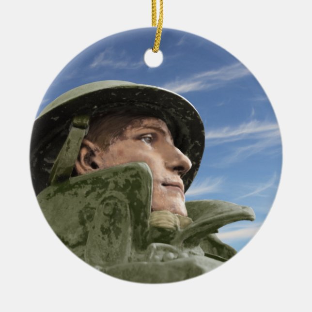 WW1 Soldier in Helmet and Trench Coat Ceramic Tree Decoration (Front)