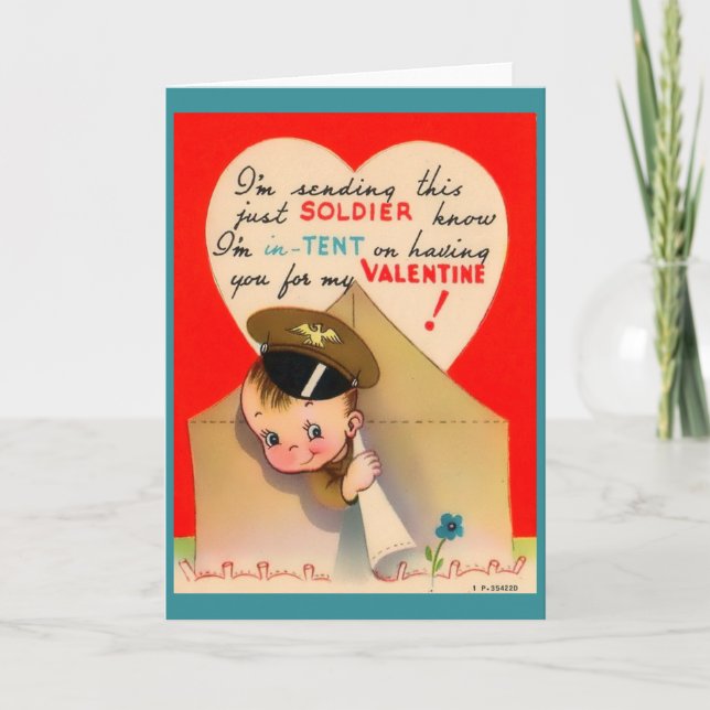 WW2 Army Valentine, Cute Soldier Peeking from Tent Holiday Card (Front)