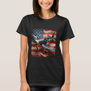 WW2 Warplane F4U Corsair Distressed American Flag T-Shirt