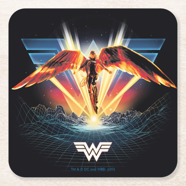 WW84 | 80's Retrowave Wonder Woman Graphic Square Paper Coaster (Front)