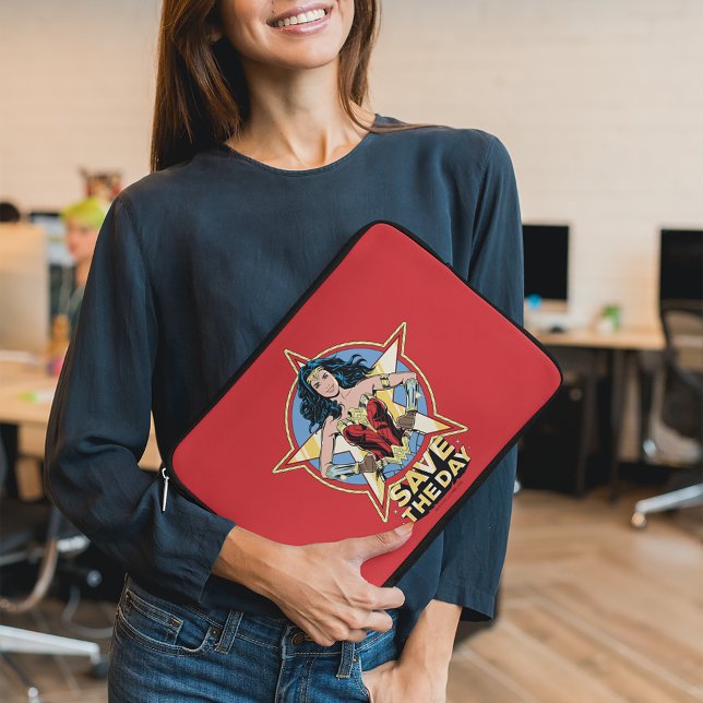 WW84 | Save The Day Wonder Woman Retro Comic Art Laptop Sleeve (Person holding laptop sleeve)