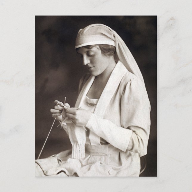 WWI Nurse knitting Sweater Postcard (Front)
