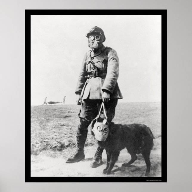 WWI Sergeant and His Dog Wearing Gas Masks 1915 Poster (Front)