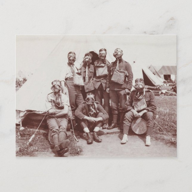 WWI Soldiers in Gas Masks Postcard (Front)