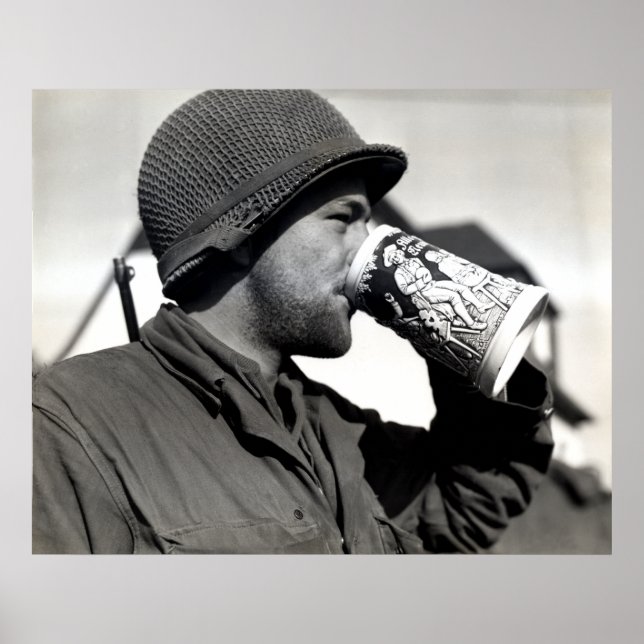 WWII American Soldier Drinking Beer Poster (Front)