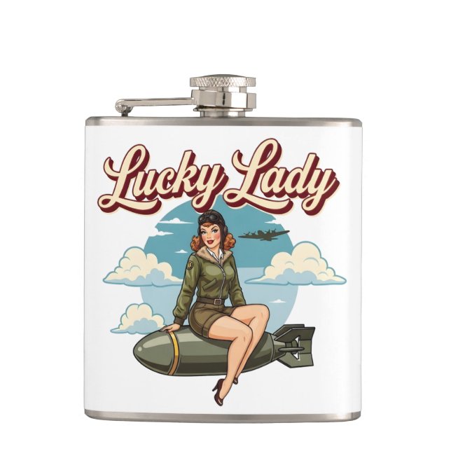 WWII Bomber "Lucky Lady" Nose Art Hip Flask (Front)