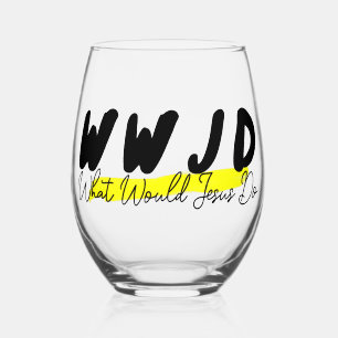WWJD Stemless Wine Glass – Bold Black & Yellow
