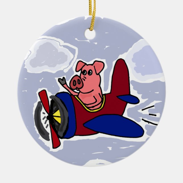 WX- Flying Pig in Aeroplane Cartoon Ceramic Tree Decoration (Front)