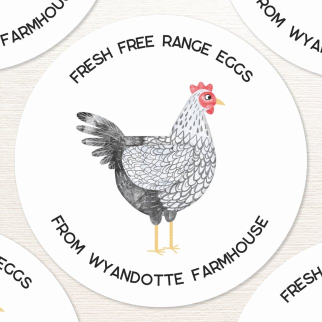 Wyandotte Chicken Fresh Free Range Eggs Classic Round Sticker (Wyandotte Chicken watercolor hen custom text fresh free range eggs stickers)