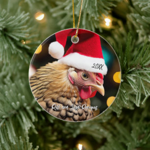Wyandotte Chicken Wearing Santa Hat Christmas Ceramic Tree Decoration
