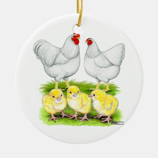 Wyandotte White Chicken Family Ceramic Tree Decoration (Front)