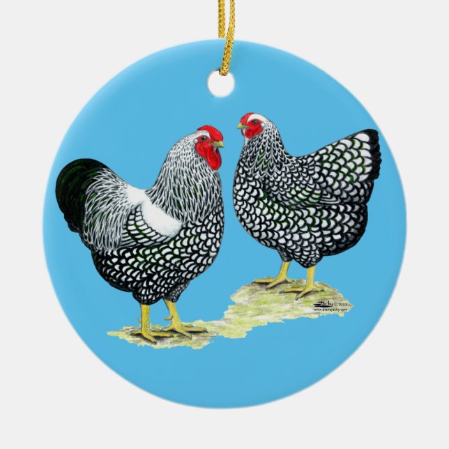Wyandottes Silver-laced Pair Ceramic Tree Decoration (Front)