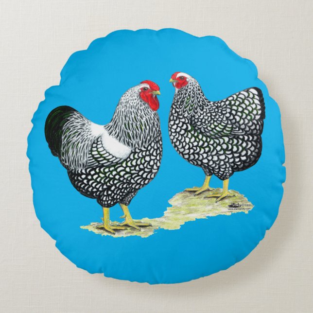 Wyandottes Silver-laced Pair Round Cushion (Front)
