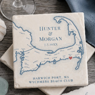 Wychmere Beach Club Wedding Favour Cape Cod Map Stone Coaster