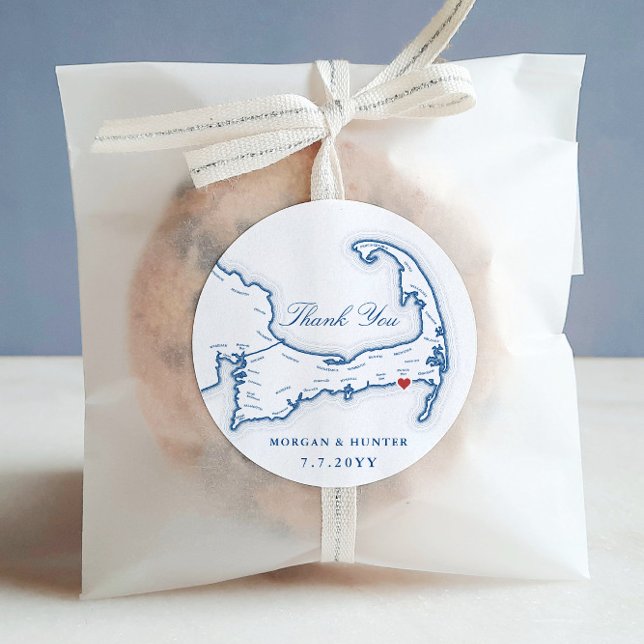 Wychmere Cape Cod Map Thank You Wedding Favour Classic Round Sticker (Wychmere Beach Club "Thank You" wedding favor label)