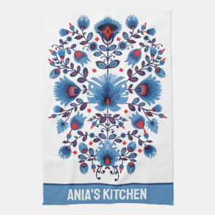  Wycinanki Lowicz Overture in Blue and Red Tea Towel