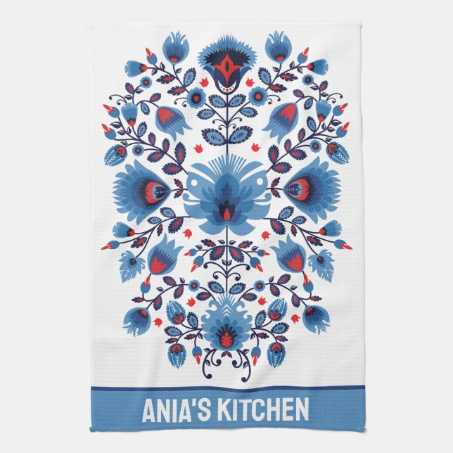  Wycinanki Lowicz Overture in Blue and Red Tea Towel (Vertical)