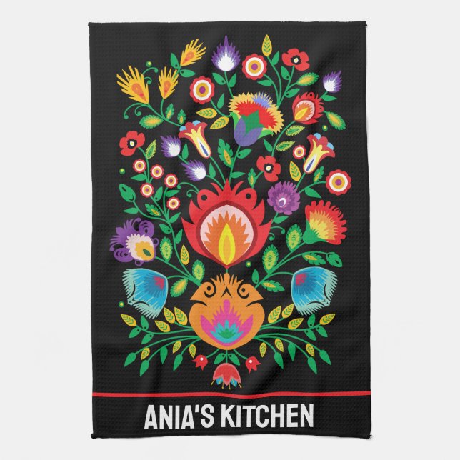 Wycinanki Petal Symphony in the Night Tea Towel (Vertical)