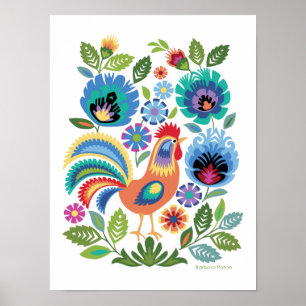 Wycinanki Rooster & Flowers on White, Polish Folk Poster