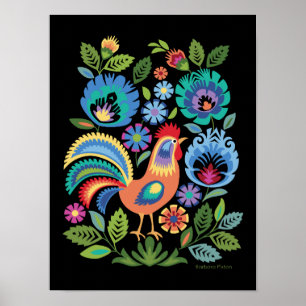 Wycinanki Rooster & Flowers, Polish Folk Style Poster
